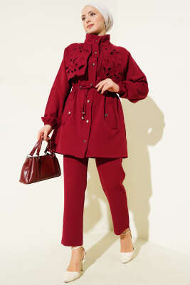 Bel Tünelli Güpür Parçalı İkili Takım Bordo - TEGOE