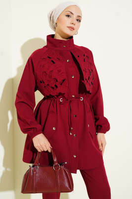 Bel Tünelli Güpür Parçalı İkili Takım Bordo - İkili Takım