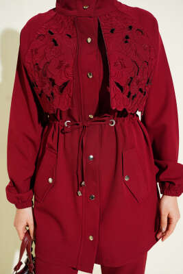 Bel Tünelli Güpür Parçalı İkili Takım Bordo - İkili Takım