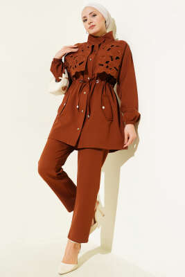 Bel Tünelli Güpür Parçalı İkili Takım Kahve - TEGOE