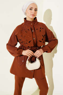 Bel Tünelli Güpür Parçalı İkili Takım Kahve - İkili Takım