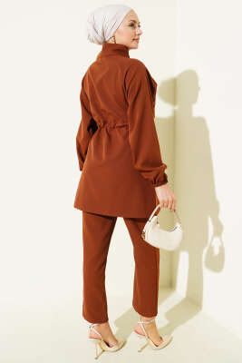 Bel Tünelli Güpür Parçalı İkili Takım Kahve - İkili Takım