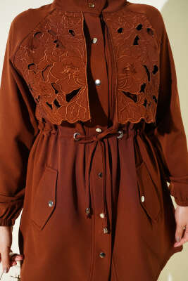 Bel Tünelli Güpür Parçalı İkili Takım Kahve - İkili Takım