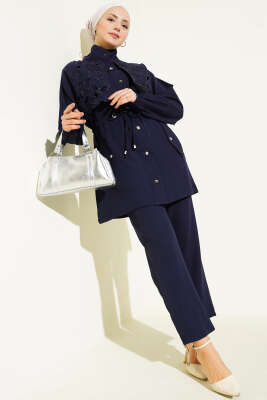 Bel Tünelli Güpür Parçalı İkili Takım Lacivert - TEGOE