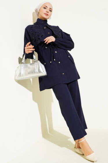 Bel Tünelli Güpür Parçalı İkili Takım Lacivert - İkili Takım