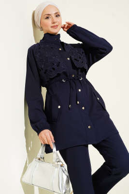 Bel Tünelli Güpür Parçalı İkili Takım Lacivert - İkili Takım