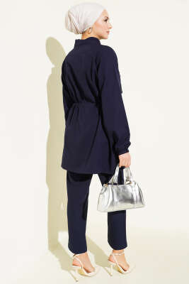 Bel Tünelli Güpür Parçalı İkili Takım Lacivert - İkili Takım
