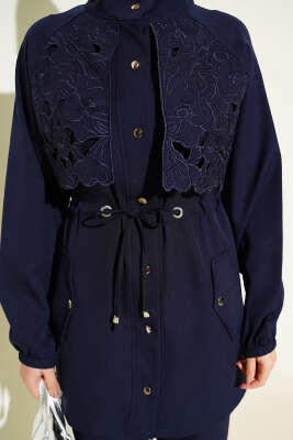 Bel Tünelli Güpür Parçalı İkili Takım Lacivert - İkili Takım