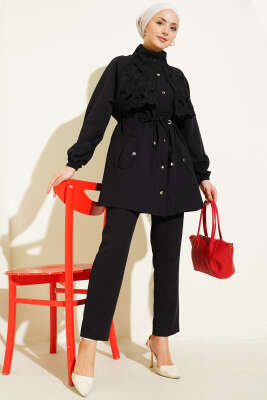 Bel Tünelli Güpür Parçalı İkili Takım Siyah - TEGOE