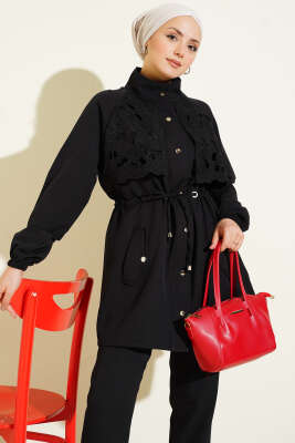 Bel Tünelli Güpür Parçalı İkili Takım Siyah - İkili Takım