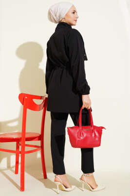 Bel Tünelli Güpür Parçalı İkili Takım Siyah - İkili Takım