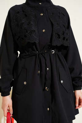 Bel Tünelli Güpür Parçalı İkili Takım Siyah - İkili Takım