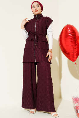 Bel Tünelli Kabartma Desen Yelekli Takım Burgonya - İkili Takım