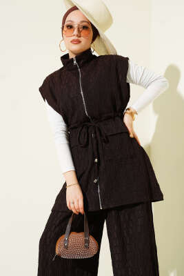 Bel Tünelli Kabartma Desen Yelekli Takım Kahve - İkili Takım