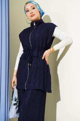 Bel Tünelli Kabartma Desen Yelekli Takım Lacivert - İkili Takım