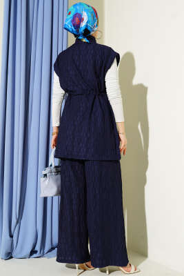 Bel Tünelli Kabartma Desen Yelekli Takım Lacivert - İkili Takım