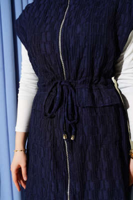 Bel Tünelli Kabartma Desen Yelekli Takım Lacivert - İkili Takım