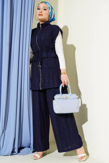 Bel Tünelli Kabartma Desen Yelekli Takım Lacivert - İkili Takım