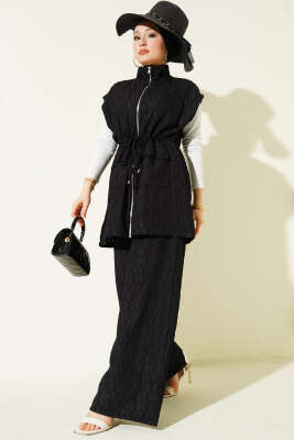 Bel Tünelli Kabartma Desen Yelekli Takım Siyah 