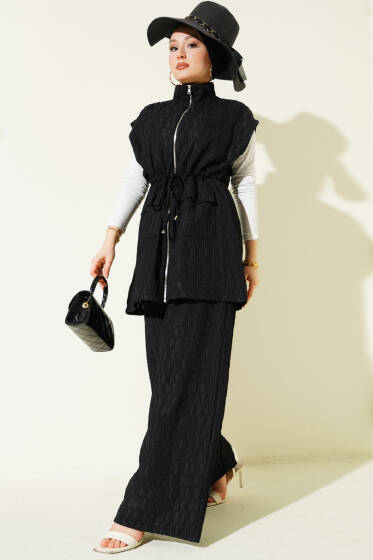 Bel Tünelli Kabartma Desen Yelekli Takım Siyah - İkili Takım