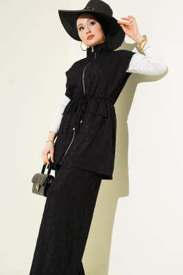 Bel Tünelli Kabartma Desen Yelekli Takım Siyah - İkili Takım