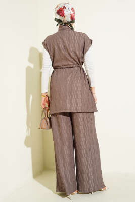 Bel Tünelli Kabartma Desen Yelekli Takım Vizon - İkili Takım