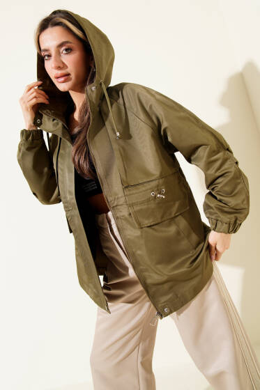 Bel Tünelli Kapüşonlu Cepli Trençkot Haki - Kadın Giyim Modelleri