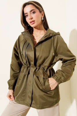 Bel Tünelli Kapüşonlu Cepli Trençkot Haki - Kadın Giyim Modelleri
