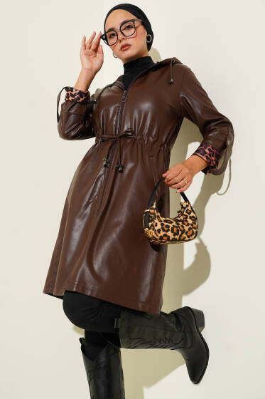 Bel Tünelli Kapüşonlu Deri Trençkot Kahve - Trençkot