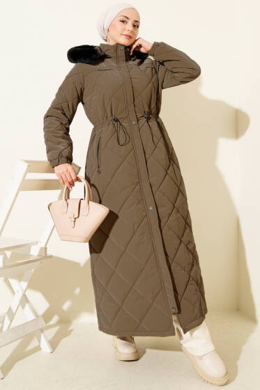 Bel Tünelli Kapüşonlu Kapitone Mont Kahve - Mont