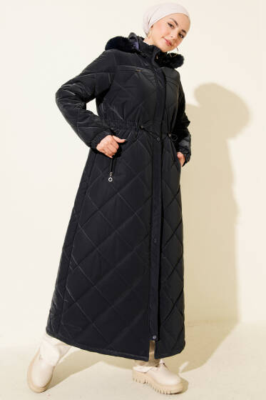 Bel Tünelli Kapüşonlu Kapitone Mont Lacivert - Mont