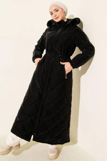 Bel Tünelli Kapüşonlu Kapitone Mont Siyah - Mont