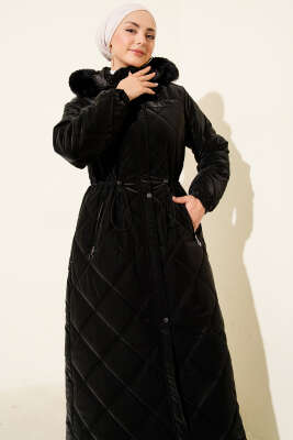 Bel Tünelli Kapüşonlu Kapitone Mont Siyah - Mont