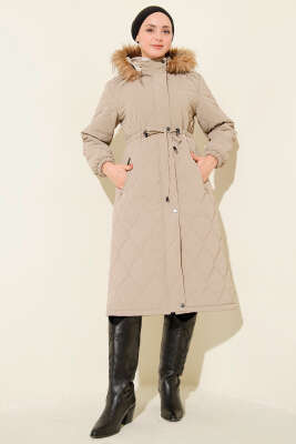 Bel Tünelli Kapüşonlu Kapitone Şişme Mont Bej - MUSTİ