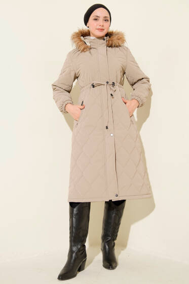 Bel Tünelli Kapüşonlu Kapitone Şişme Mont Bej - Mont