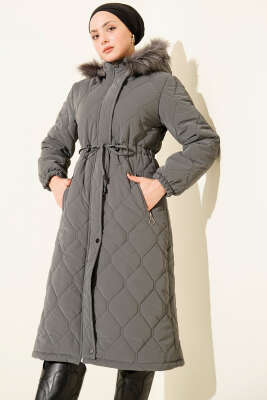 Bel Tünelli Kapüşonlu Kapitone Şişme Mont Füme - MUSTİ