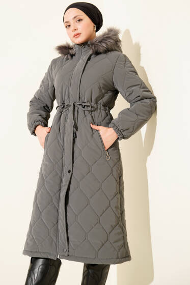 Bel Tünelli Kapüşonlu Kapitone Şişme Mont Füme - Mont