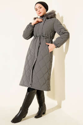 Bel Tünelli Kapüşonlu Kapitone Şişme Mont Füme - Mont