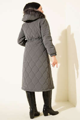 Bel Tünelli Kapüşonlu Kapitone Şişme Mont Füme - Mont