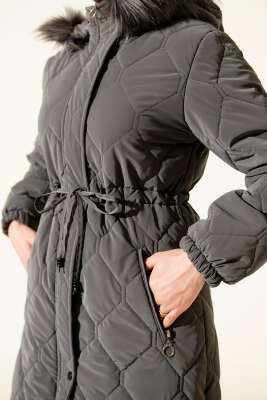 Bel Tünelli Kapüşonlu Kapitone Şişme Mont Füme - Mont