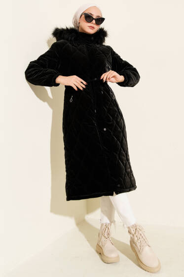 Bel Tünelli Kapüşonlu Kapitone Şişme Mont Siyah - Mont