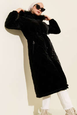 Bel Tünelli Kapüşonlu Kapitone Şişme Mont Siyah - Mont