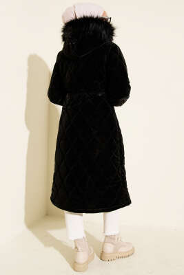 Bel Tünelli Kapüşonlu Kapitone Şişme Mont Siyah - Mont