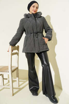 Bel Tünelli Kapüşonlu Kısa Kapitone Mont Füme - Mont