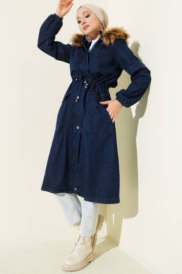 Bel Tünelli Kapüşonlu Kot Mont Lacivert - Mont