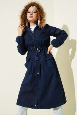 Bel Tünelli Kapüşonlu Kot Mont Lacivert - Mont