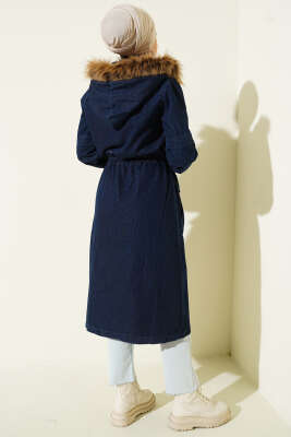 Bel Tünelli Kapüşonlu Kot Mont Lacivert - Mont