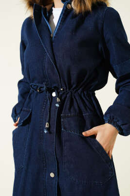 Bel Tünelli Kapüşonlu Kot Mont Lacivert - Mont