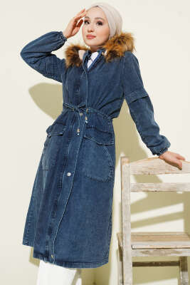 Bel Tünelli Kapüşonlu Kot Mont Mavi - Mont