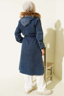 Bel Tünelli Kapüşonlu Kot Mont Mavi - Mont